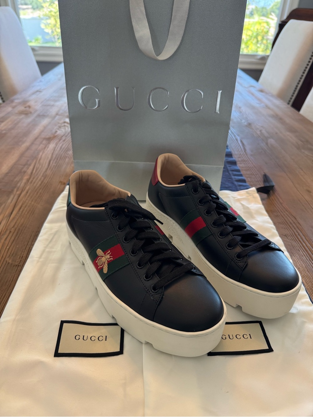Gucci Black Leather Ace Bee Platform Sneaker Size 39